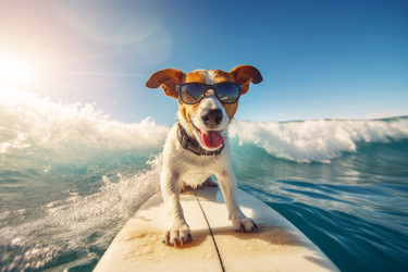 Собака Джека Рассела в солнцезащитных очках занимается серфингом. Лето на веслах. Генерировать искусственный интеллект - yliv