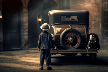 Американский мальчик рядом с 1920 автомобиля. Исторические езды. Создать ИИ - yliv