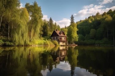 Домик на лесном озере в солнечный день. Речная ферма. Генерировать искусственный интеллект - yliv