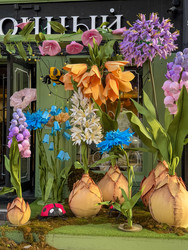 Beautiful window display decorated with giant handmade paper flowers and bulbs. / Красивая витрина, украшенная гигантскими бумажными цветами и луковицами ручной работы - kitikat
