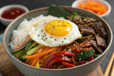 Вкусный пибимпаб подается с жареным яйцом и свежими ингредиентами генеративных АИ - RomanZ
