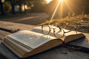Теплый солнечный свет освещает книгу и бокалы на деревянном столе в деревенском стиле - RomanZ