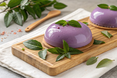 Вкусные десерты "Пурпурный купол" подаются на деревянном блюде с листьями - RomanZ