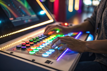 Ярко освещенная игровая приставка для аркадных игр, используемая во время вечерних развлечений - RomanZ