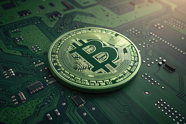 Зеленый биткоин на фоне печатной платы, детализированный дизайн с искусственным интеллектом - RomanZ