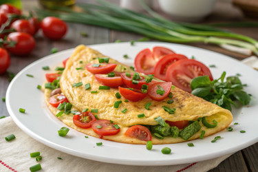 Вкусный омлет с помидорами и свежей зеленью подается теплым - RomanZ