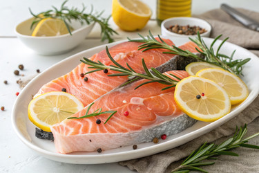 Стейки из свежего сырого лосося с лимоном и розмарином, украшенные генеративным ИИ - RomanZ