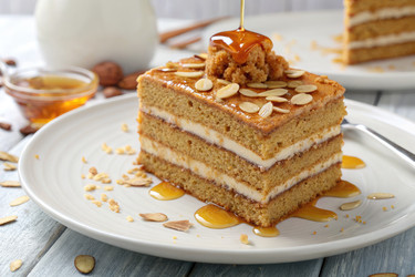 Вкусный слоеный пирог с медово-миндальной посыпкой на деревенском столе - RomanZ