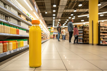 Одинокая бутылка апельсинового сока стоит на полу продуктового ряда - RomanZ