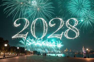 Новогодний фейерверк, приветствующий 2028 год, над горизонтом города ночью - RomanZ