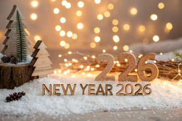 Праздничное оформление на Новый 2026 год деревянными цифрами и елками - RomanZ