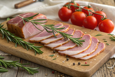 Нарезанный ломтиками копченый окорок, украшенный розмарином и свежими помидорами Generative AI - RomanZ