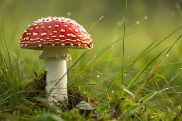 Красно-белый пятнистый гриб Amanita Muscaria в природе Генеративный AI - RomanZ