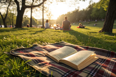 Открытая книга на клетчатом одеяле в парке на закате Порождающий ИИ - RomanZ