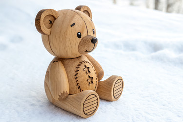 Деревянная игрушка-плюшевый мишка на белом фоне при ярком освещении Генеративный искусственный интеллект - RomanZ