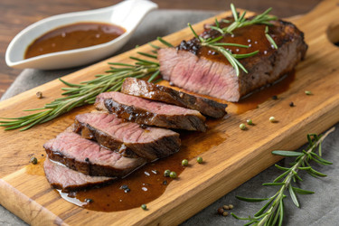 Нарезанный бифштекс с розмарином и жирной подливкой на деревянной доске Generative AI - RomanZ