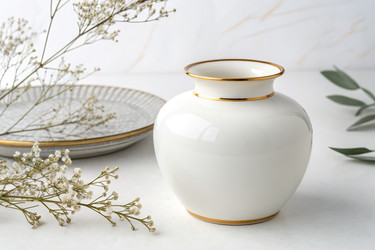 Элегантная белая керамическая ваза с золотым ободком на витрине Generative AI - RomanZ