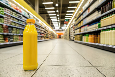 Яркая бутылка апельсинового сока стоит отдельно в проходе продуктового магазина - RomanZ