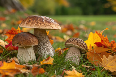 Красивое трио белых грибов Boletus Edulis среди осенних листьев - RomanZ