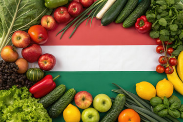 Свежие продукты выставлены вокруг Венгерского флага в ярком макете с генеративным искусственным интеллектом - RomanZ