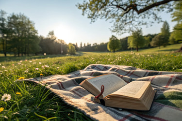 Открытая книга, лежащая на одеяле в солнечном парке, Порождающий искусственный интеллект - RomanZ