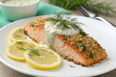 Вкусный запеченный Атлантический лосось с укропным соусом и лимонным соком - RomanZ