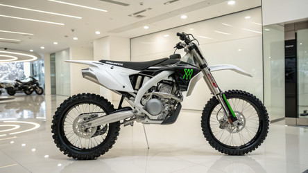 Мотоцикл Kawasaki KX в черно-белом цвете демонстрируется в помещении Generative AI - RomanZ