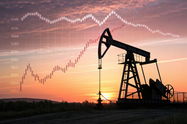 Силуэт нефтяного насоса на фоне падающего биржевого графика на закате Порождающий Искусственный интеллект - RomanZ
