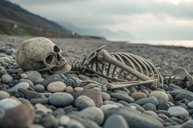 Скелет, лежащий на прибрежной гальке в безмятежном пейзаже Генеративного ИИ - RomanZ