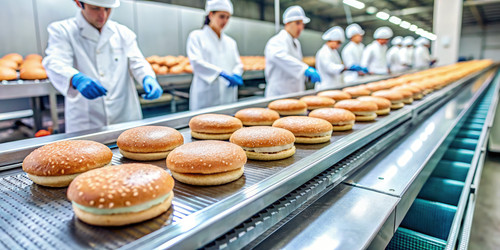 Бургеры перемещаются по конвейерной ленте на предприятии по производству продуктов питания с использованием генеративного искусственного интеллекта - RomanZ