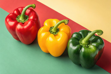 Разноцветные болгарские перцы, выложенные на ярком фоне для кулинарной демонстрации - RomanZ