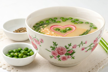 Вкусный суп с зеленым горошком и гарниром в форме сердца в цветочной тарелке - RomanZ