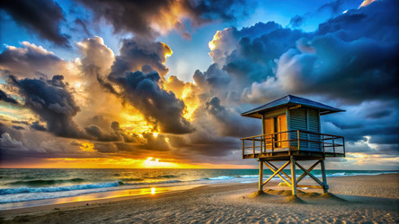 Яркий закат на спасательной вышке на пляже с эффектными облаками, порождающими искусственный интеллект - RomanZ