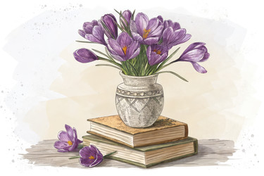 Красивый букет из фиолетовых крокусов в декоративной вазе на книжном полке - RomanZ