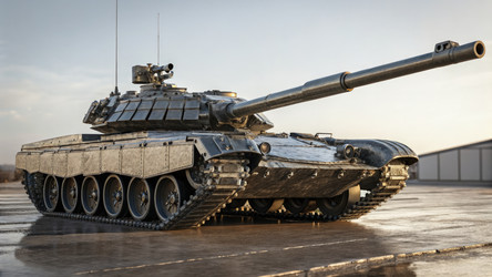 Танк, выставленный на видном месте на мокрой поверхности военной базы с генеративным ИИ - RomanZ