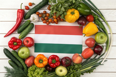 Свежие продукты окружают Венгерский флаг в яркой витрине с генеративным искусственным интеллектом - RomanZ