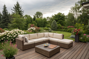 Секционный диван и акцентное кресло создают уютную обстановку на открытом воздухе Generative AI - RomanZ