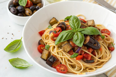 Паста Капоната со свежим базиликом и помидорами Черри Generative AI - RomanZ