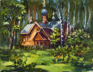 Сhurch in the forest. Oil painting on canvas by artist Inna Prityazhnyuk - Serg Zastavkin