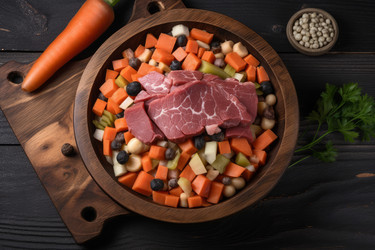 Миска мясо овощи сверху. Создать ИИ - yliv