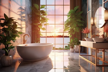 Современная роскошная ванная комната sunset. Гостиничная мебель. Генерировать искусственный интеллект - yliv