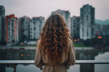Женщина с вьющимися волосами в современном городе. Студенческая красавица. Генерировать искусственный интеллект - yliv