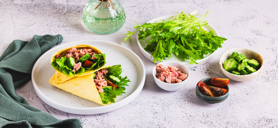 Вкусные тако с консервированным тунцом, огурцом, помидором и листьями салата на тарелке на веб-баннере "Стол" - Elena Rui