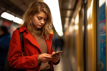 Молодая девушка подставку для смартфона лондонского метро. Создать ИИ - yliv