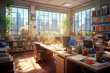 Офисный интерьер sunlight- аниме-визуальный роман-игра. Декор стула. Генерировать искусственный интеллект - yliv