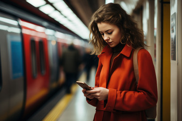 Молодая девушка звонит в лондонское метро. Платформа станции. Генерировать искусственный интеллект - yliv