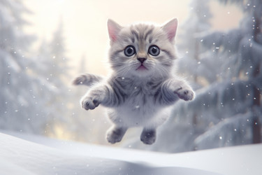 Котенок прыгает зимой. Животное млекопитающее. Генерировать искусственный интеллект - yliv