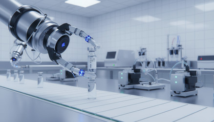 Роботизированная рука с прецизионными датчиками, перемещающая фармацевтический флакон по автоматизированному конвейеру в стерильных лабораторных условиях - vidoc