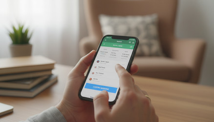Мужчина, использующий мобильное приложение на своем смартфоне для подтверждения бронирования поездки, работая в яркой обстановке домашнего офиса - vidoc