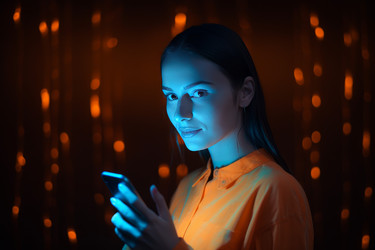 Женщина-свет смартфон счастливым. Девушке мобильный телефон. Создать ИИ - yliv